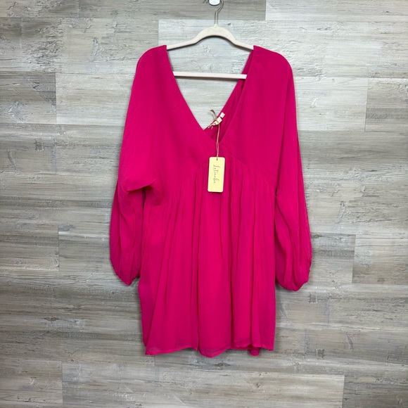 NWT Anthropologie Let Me Be Fuchsia Pink V-Neck Babydoll Mini Dress - Large - Picture 10 of 10